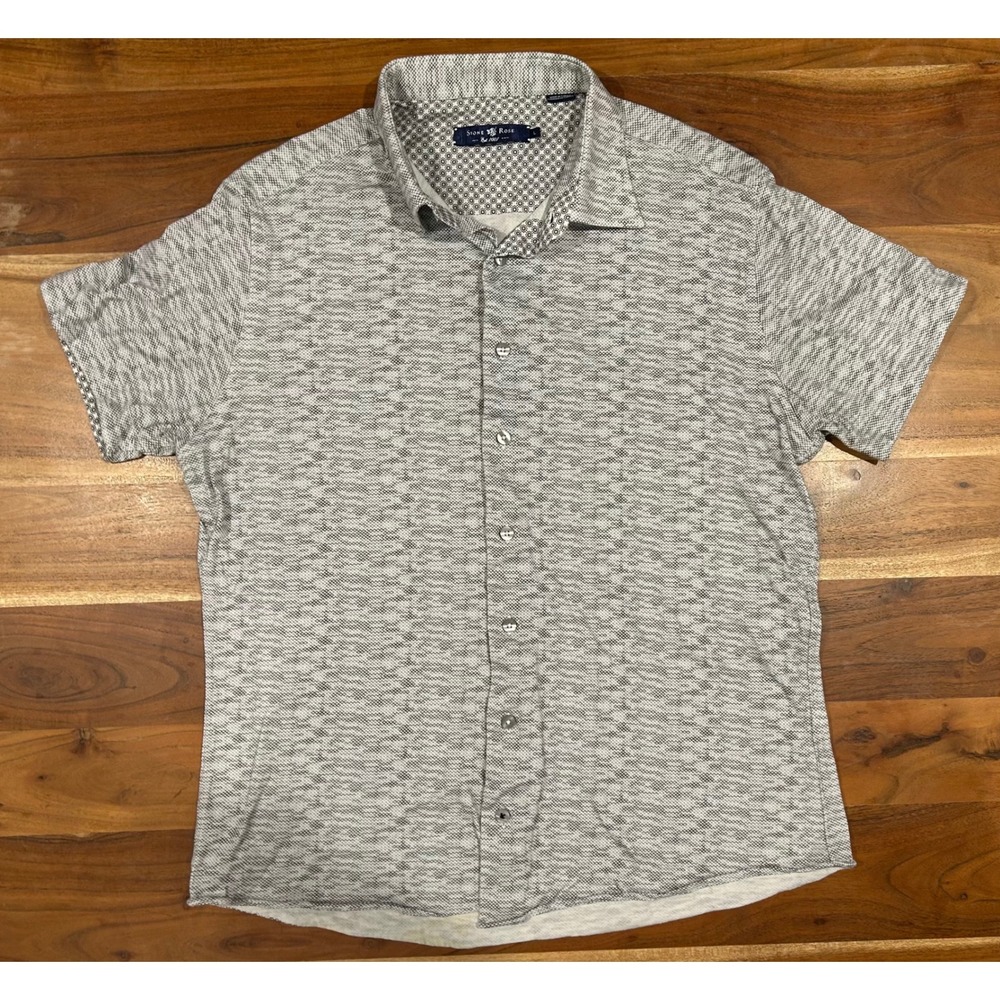 Stone Rose Mens Short Sleeve Button Down Shirt Grey White Textured Knit Size L